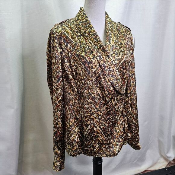 Jones New York Brown Print Satin Wrap Blouse Size Large - Picture 2 of 11
